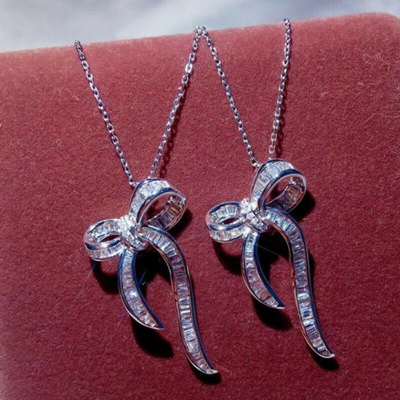 FIRM 925 Silver Italy Chain & White Sapphire Bow Pendant - Picture 5 of 7